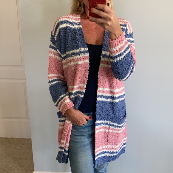 Pink, Blue & Off White Stripe Popcorn Texture Open Cardigan - Picture 2 of 10